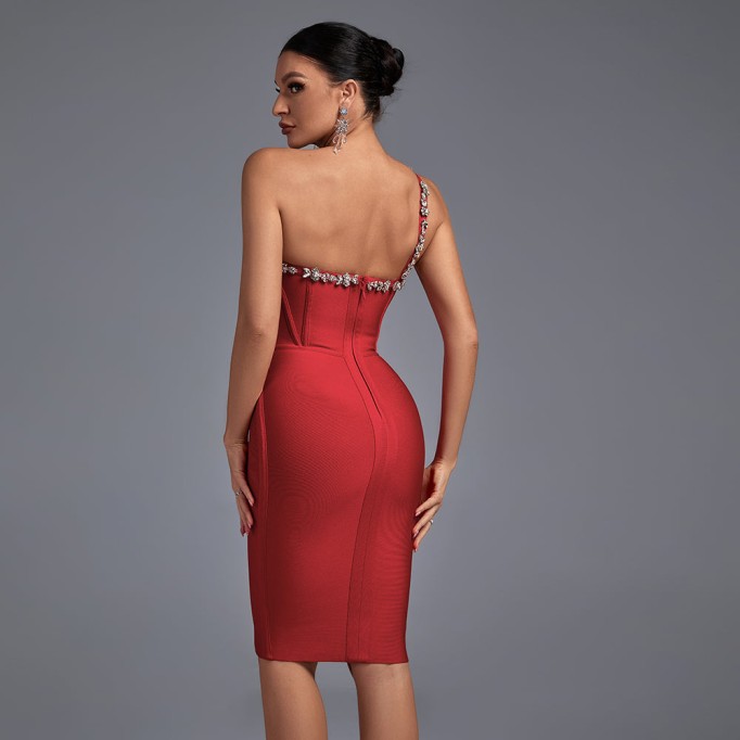 One Shoulder Rhinestone Mini Bandage Dress