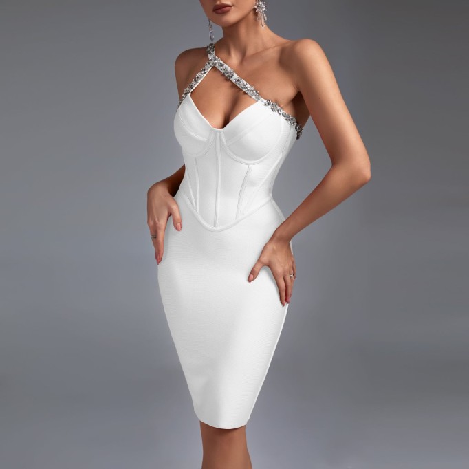 One Shoulder Rhinestone Mini Bandage Dress