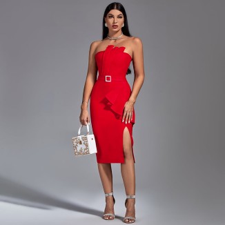 Strapless Ruffle Midi Bandage Dress