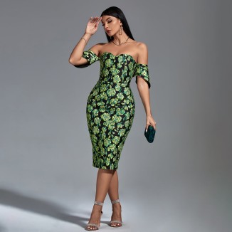 Strapless Jacquard Midi Floral Dress