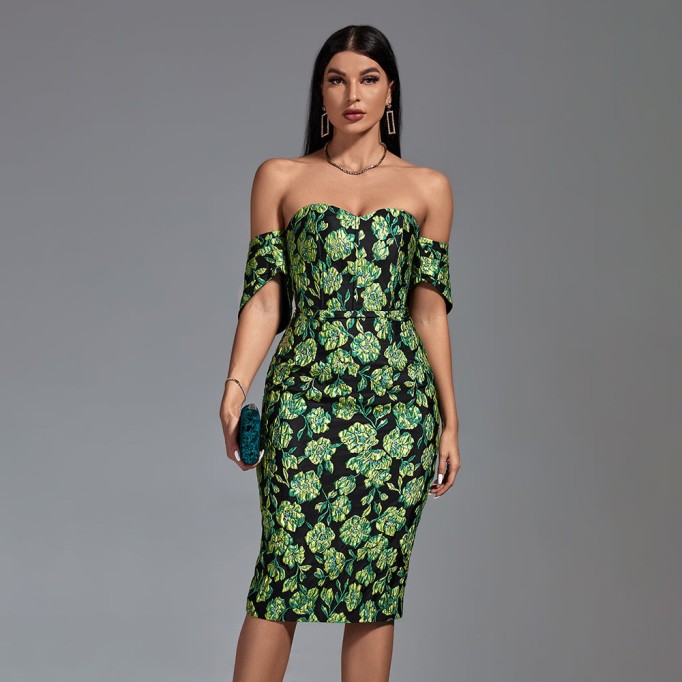 Strapless Jacquard Midi Floral Dress