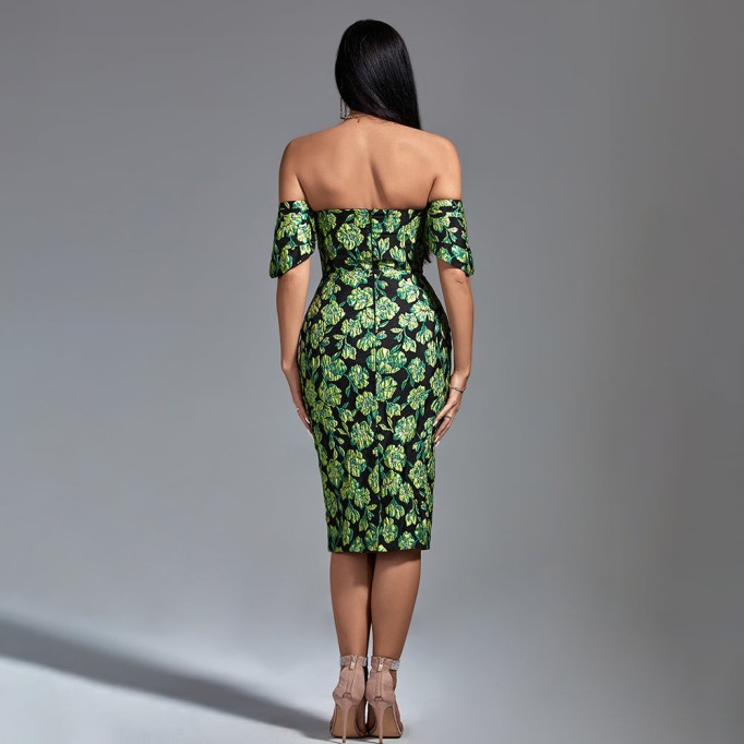 Strapless Jacquard Midi Floral Dress