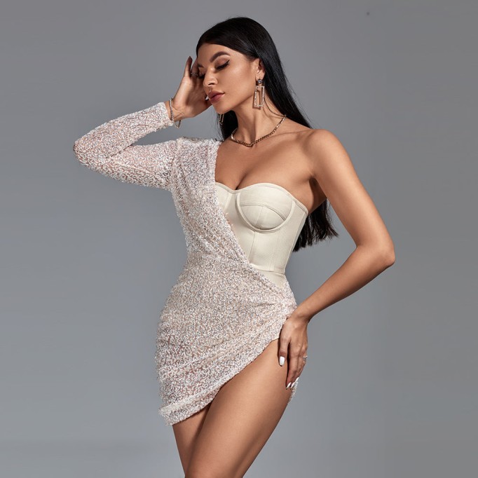 Sequined Draped One Sleeve Bustier Dress