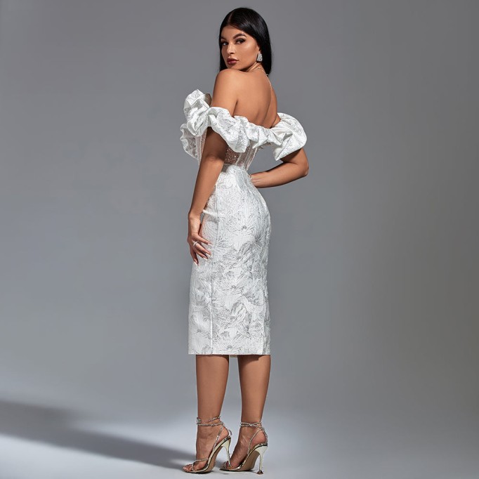 Off Shoulder Pleated Midi Elegant Bodycon Dress