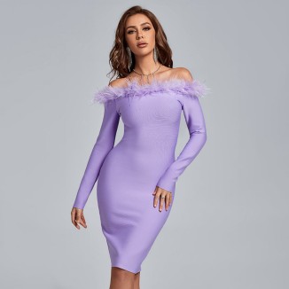 Off Shoulder Feather Over Knee Bandage Dress