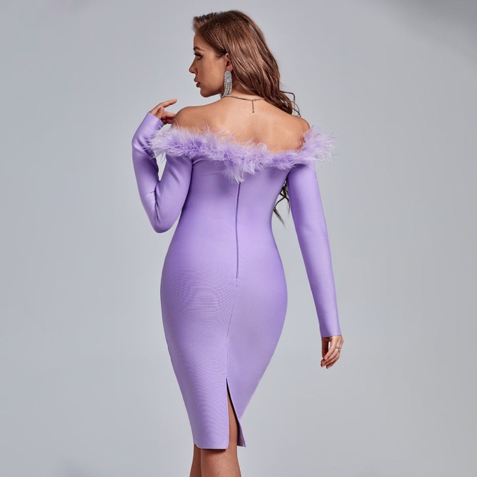 Off Shoulder Feather Over Knee Bandage Dress