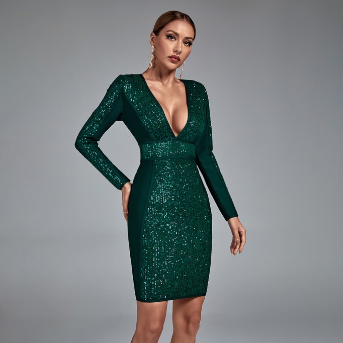 Sequined Deep V Mini Bandage Dress