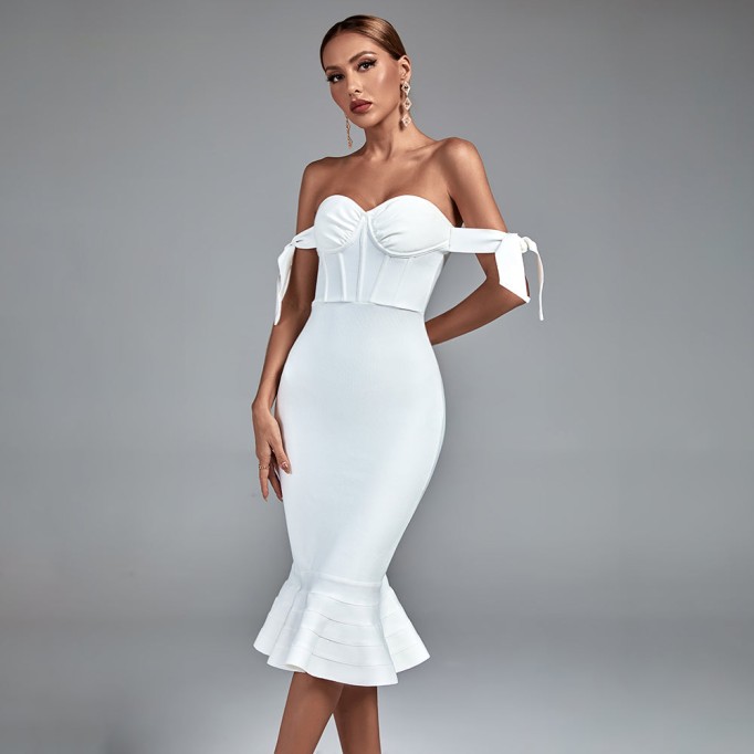 Off Shoulder Fishtail Over Knee Bandage Dress