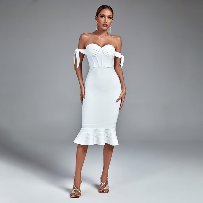 Off Shoulder Fishtail Over Knee Bandage Dress