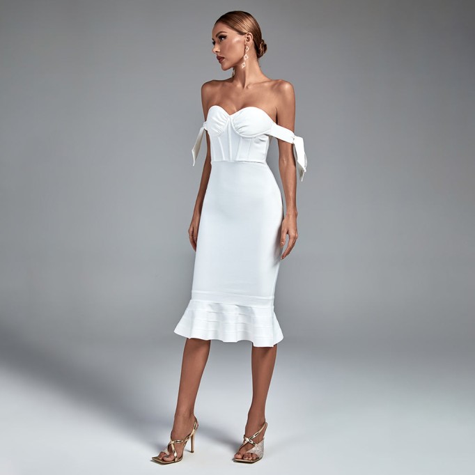 Off Shoulder Fishtail Over Knee Bandage Dress