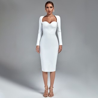 Square Collar Long Sleeve Plain Bandage Dress