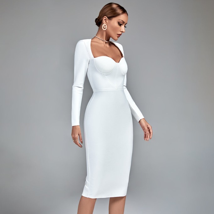 Square Collar Long Sleeve Plain Bandage Dress