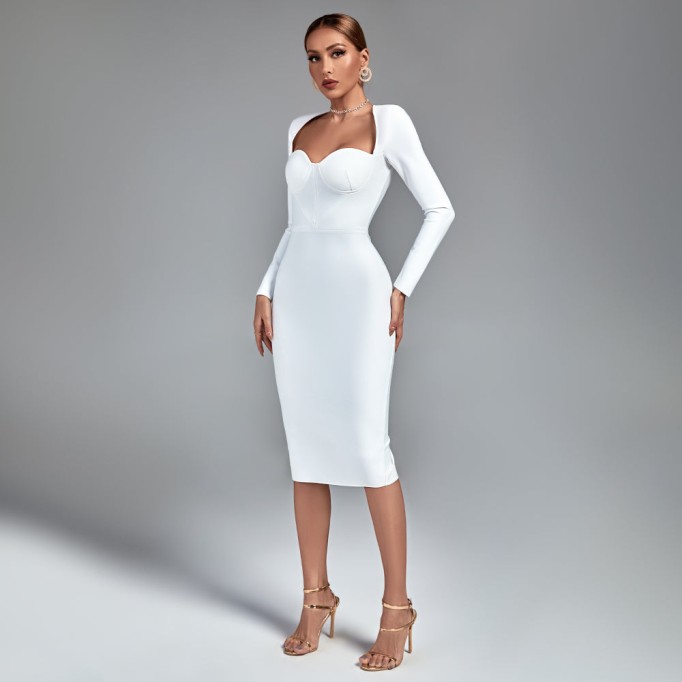 Square Collar Long Sleeve Plain Bandage Dress