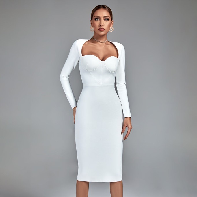 Square Collar Long Sleeve Plain Bandage Dress