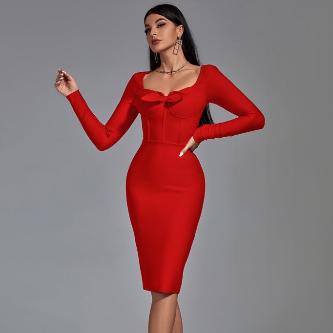 Square Neck Long Sleeve Midi Bandage Dress