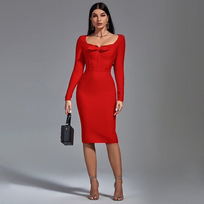 Square Neck Long Sleeve Midi Bandage Dress