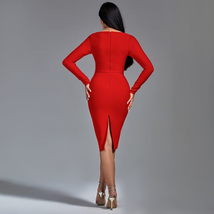 Square Neck Long Sleeve Midi Bandage Dress