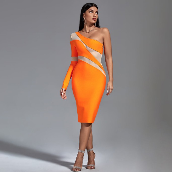 Tangerine Asymmetrical Mesh Bandage Dress