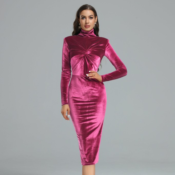 Velvet High Neck Midi Bodycon Dress