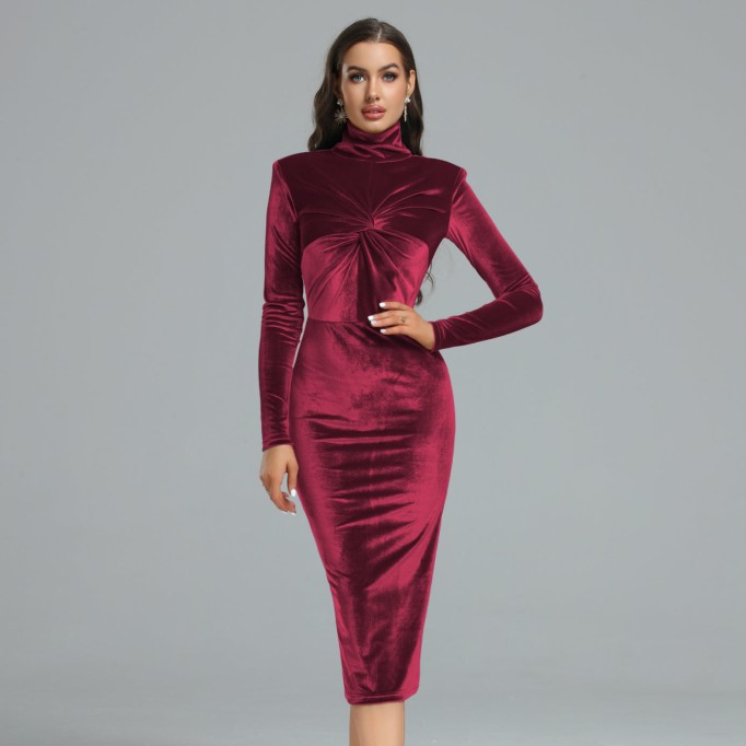 Velvet High Neck Midi Bodycon Dress