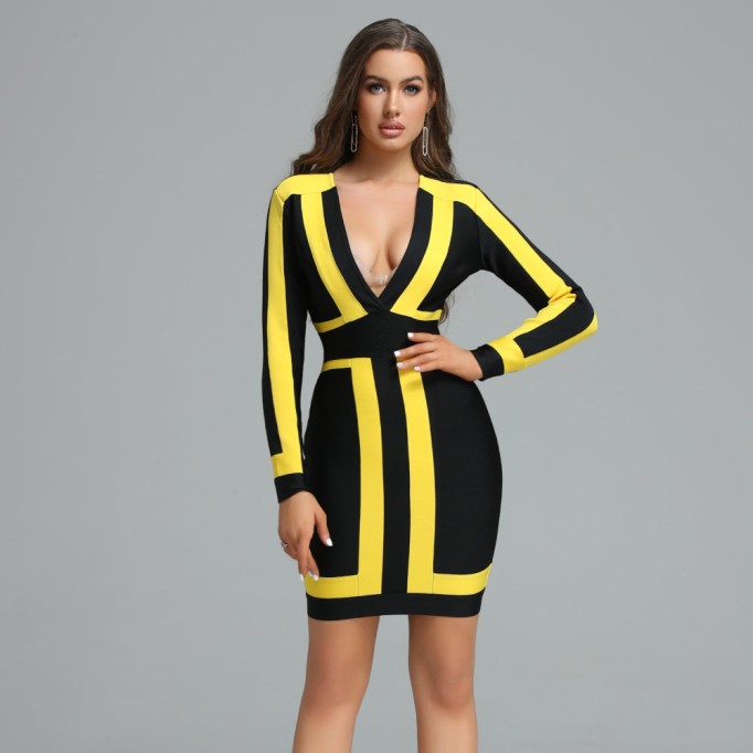 Deep V Yellow Stripe Mini Bandage Dress