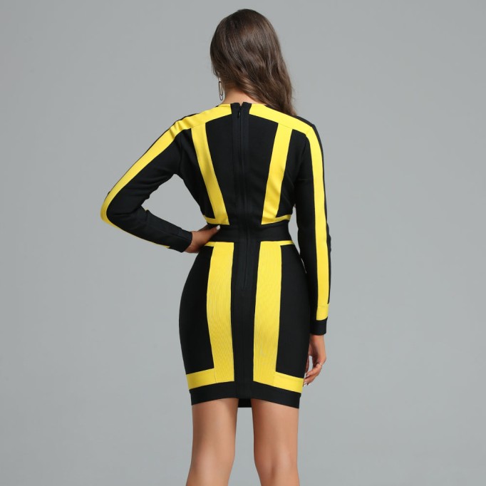 Deep V Yellow Stripe Mini Bandage Dress