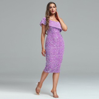 Shoulder Asymmetrical Midi Sequins Dress