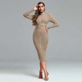 High Neck Striped Midi Bandage Dress