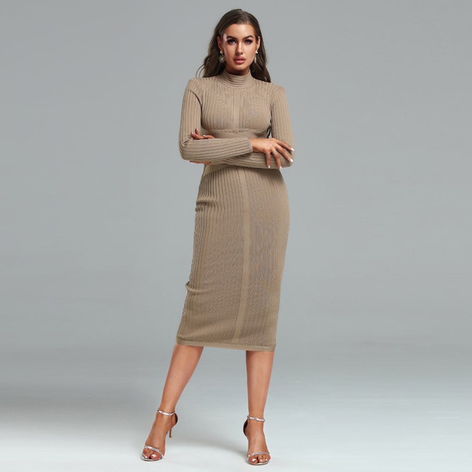 High Neck Striped Midi Bandage Dress