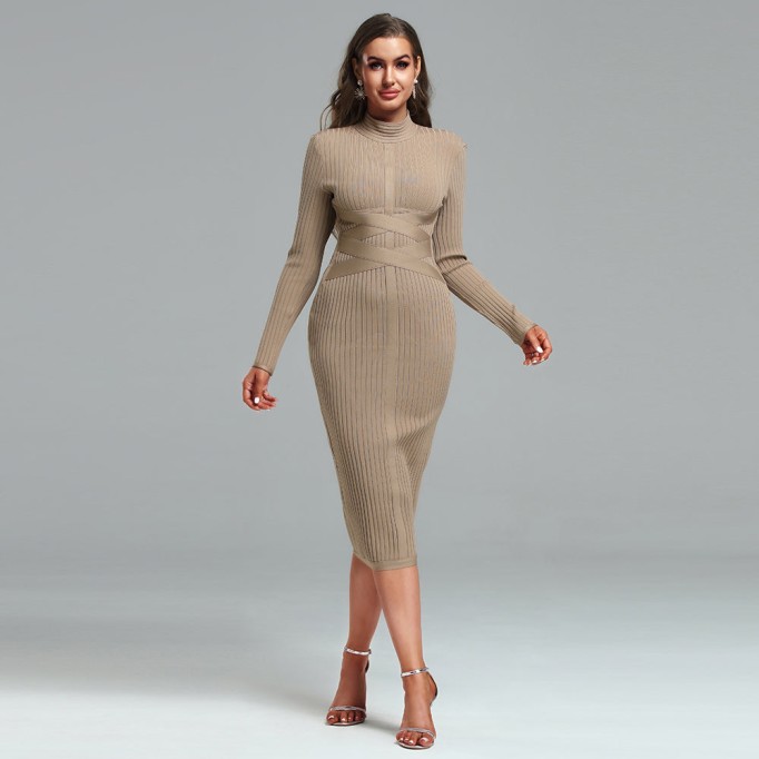 High Neck Striped Midi Bandage Dress