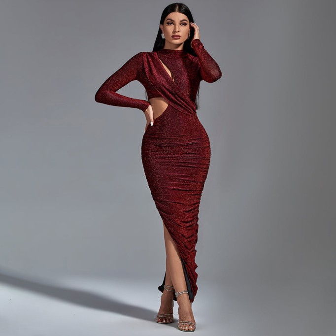 Long Sleeve Metallic Jersey Cutout Dress