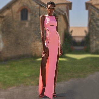 Round Neck Sleeveless Maxi Slit Bodycon Dress SJ22101701