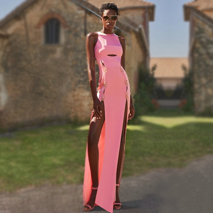 Round Neck Sleeveless Maxi Slit Bodycon Dress SJ22101701