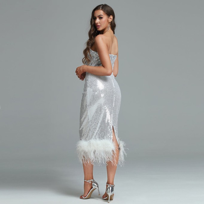 Strapless Feather Sequins Midi Dress