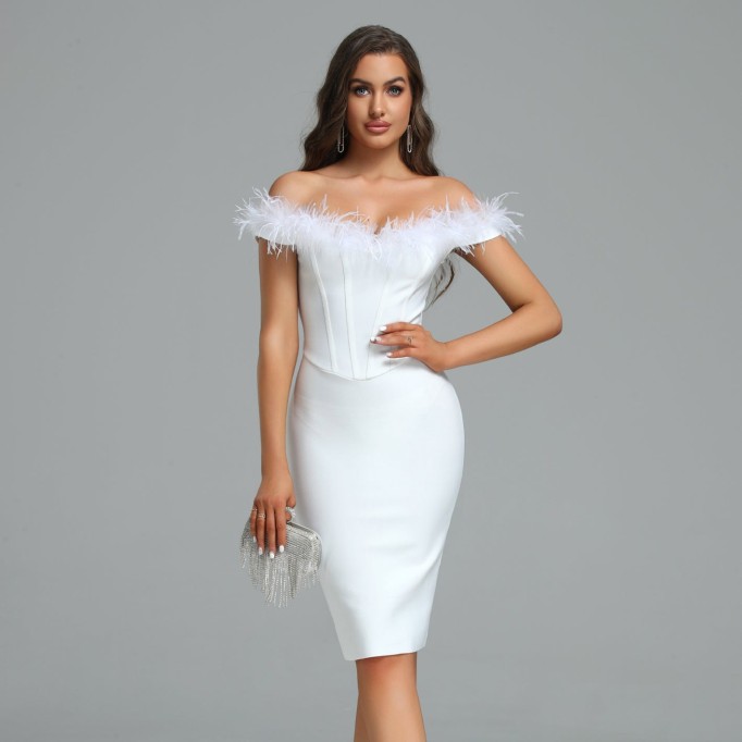 Off Shoulder Feather Over Knee Bandage Dress