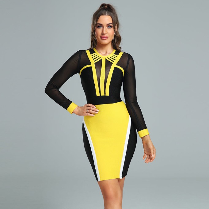 Round Neck Splicing Mini Bandage Dress