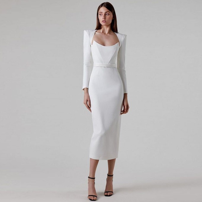 Square Collar Back-Slit Midi Bandage Dress