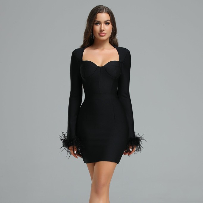 Square Collar Mini Feather Bandage Dress