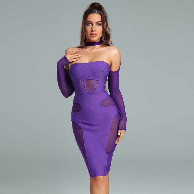 Strapless Halter Mesh Midi Bandage Dress