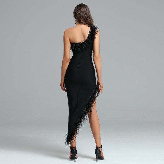 Asymmetrical Feather Trim Bandage Dress