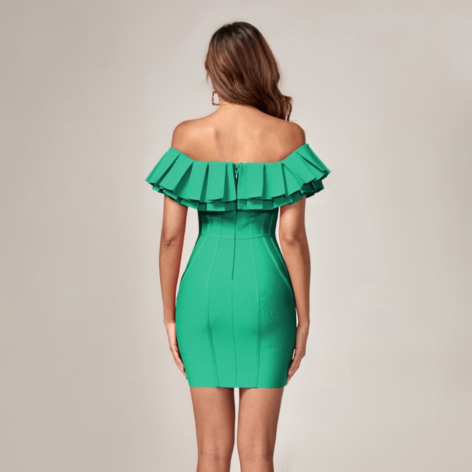 Green Layered Off-Shoulder Seam Detail Mini Dress