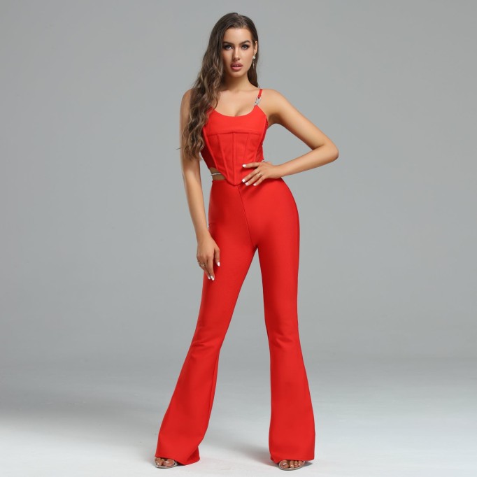 Waist Strap Flare Pants&Top Bandage Set