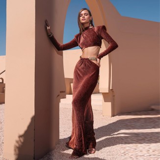 Velour Long Sleeve Exposed Waist Two Piece Set