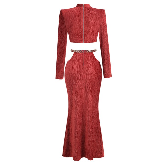 Velour Long Sleeve Exposed Waist Two Piece Set