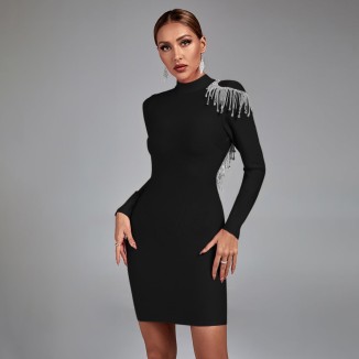 Rhinestone Fringe Backless Bandage Dress