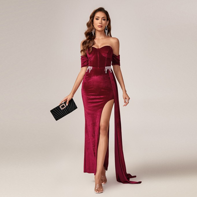 Off Shoulder Split Thigh Velvet Prom Dress