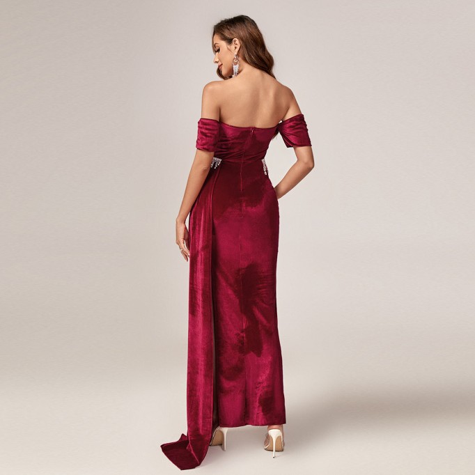 Off Shoulder Split Thigh Velvet Prom Dress