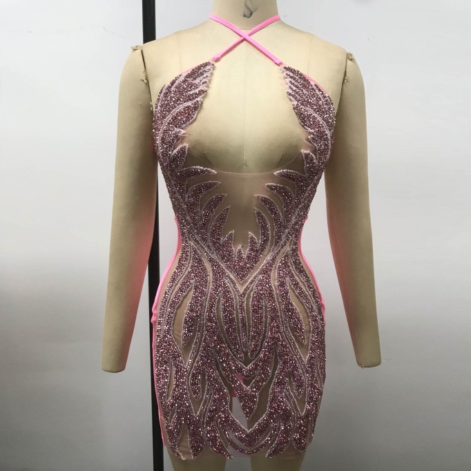 Halter Sleeveless Diamond Mini Exclusive Custom Pink Dress TH26063