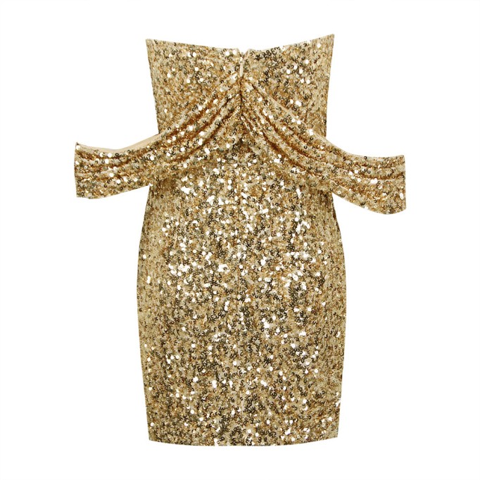 Off Shoulder Short Sleeve Sequined Mini Bodycon Dress HL8983