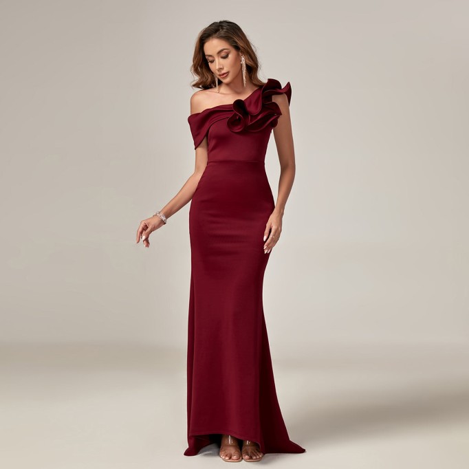 Asymmetrical Neck Ruffle Trim Prom Dress